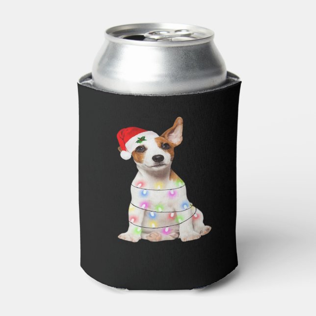 Jack Russell dog Santa Christmas Tree Lights Xmas  Can Cooler (Can Front)