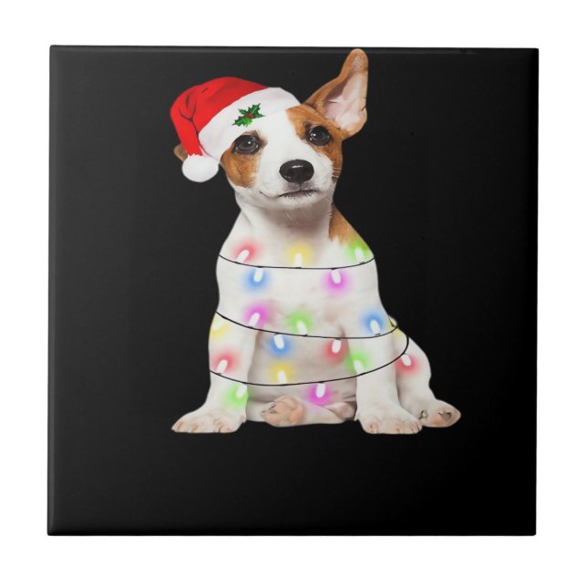 Jack Russell dog Santa Christmas Tree Lights Xmas  Ceramic Tile (Front)