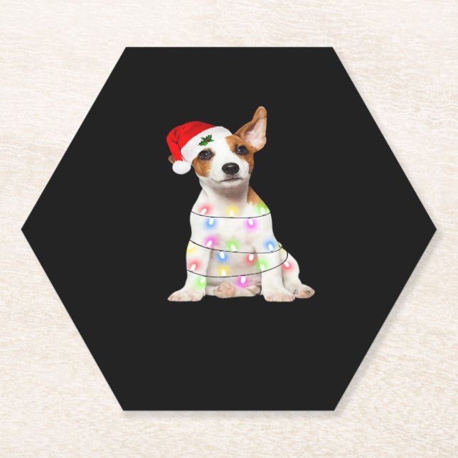 Jack Russell dog Santa Christmas Tree Lights Xmas  Paper Coaster (Front)