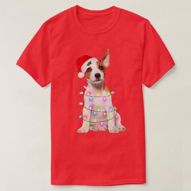Jack Russell dog Santa Christmas Tree Lights Xmas  T-Shirt (Design Front)