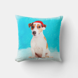 jack russell Dog Sitting in snow with Santa Hat Cushion