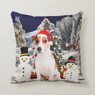 jack russell Dog Sitting in snow with Santa Hat Cushion
