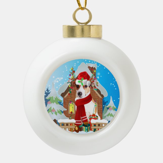 Jack Russell dog with Christmas gifts Ceramic Ball Christmas Ornament (Front)
