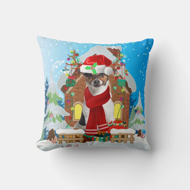 Jack Russell dog with Christmas gifts Cushion (Front)