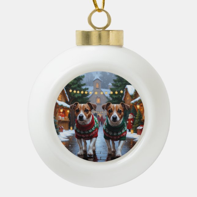 Jack Russell Dogs Christmas Snow Holiday Ceramic Ball Christmas Ornament (Front)