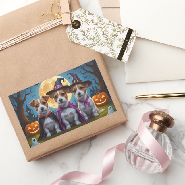 Jack Russell Dogs Pumpkin Halloween Funny Rectangular Sticker (Gifting)