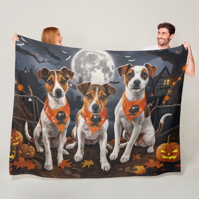 Jack Russell Halloween Spooky Fleece Blanket (In Situ)