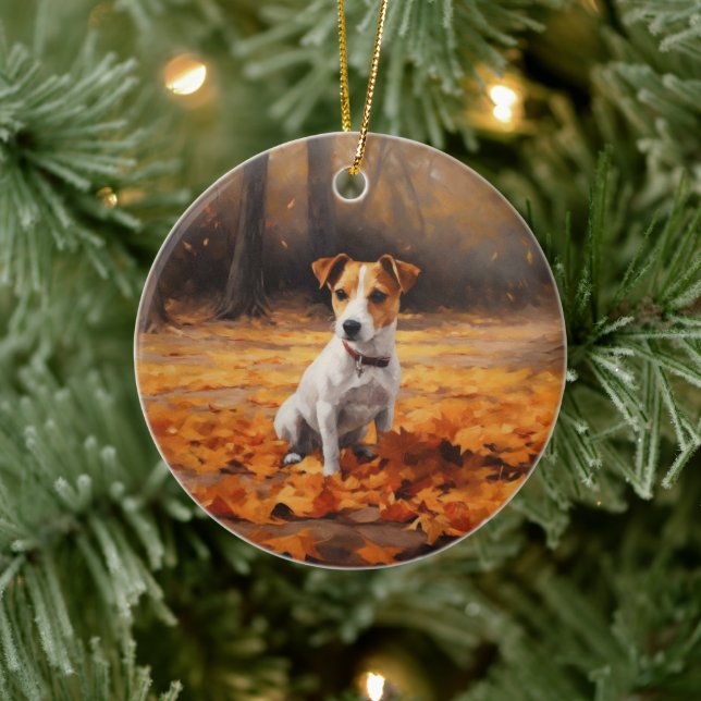 Jack Russell in Autumn Leaves Fall Inspire Ceramic Ornament (Tree)