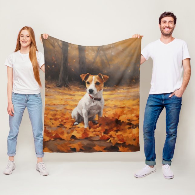 Jack Russell in Autumn Leaves Fall Inspire Fleece Blanket (In Situ)