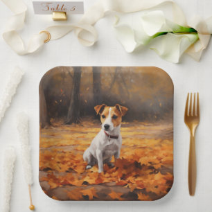 Jack Russell in Autumn Leaves Fall Inspire Paper Plate