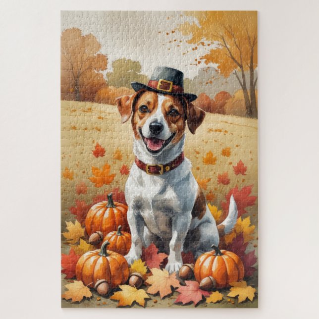 Jack Russell In Autumn Leaves Thanksgiving Art Jigsaw Puzzle (Vertical)