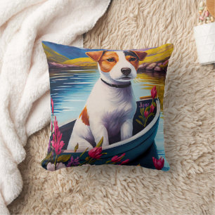 Jack Russell on a Paddle: A Scenic Adventure Cushion