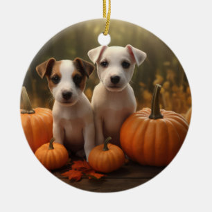 Jack Russell Puppy Autumn Delight Pumpkin  Ceramic Ornament