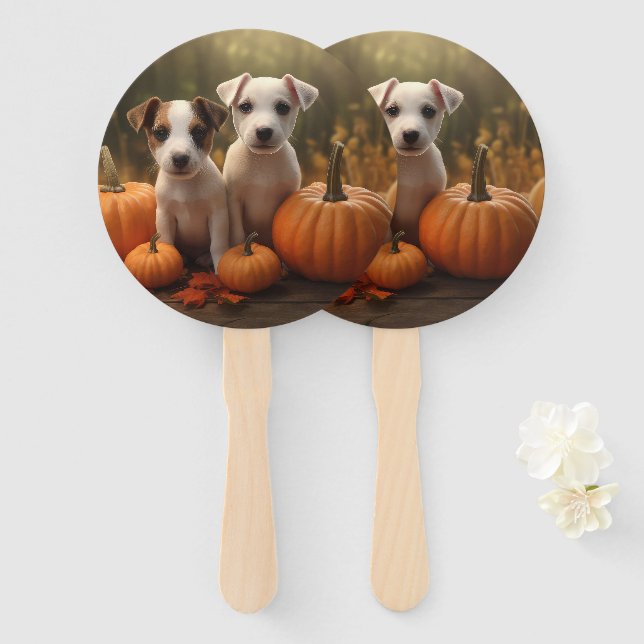 Jack Russell Puppy Autumn Delight Pumpkin  Hand Fan (Front and Back)
