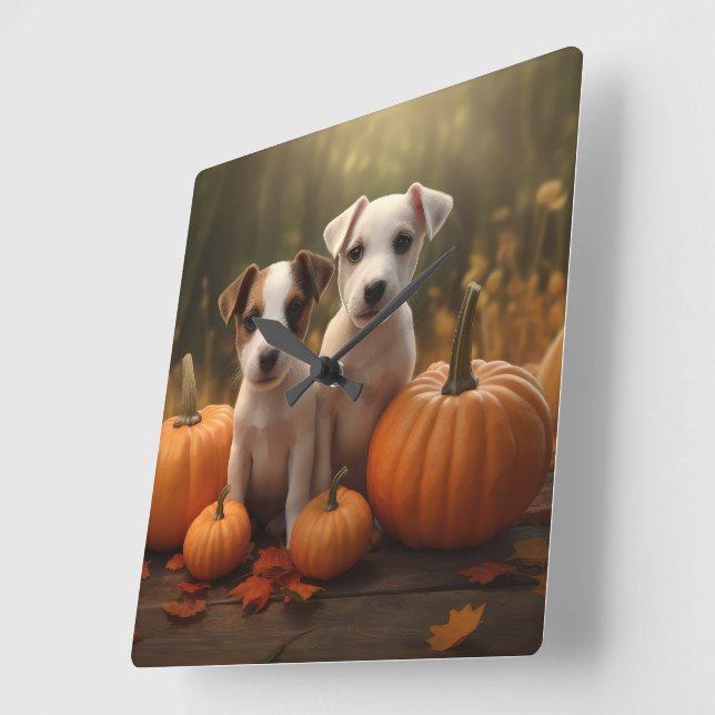 Jack Russell Puppy Autumn Delight Pumpkin  Square Wall Clock (Angle)