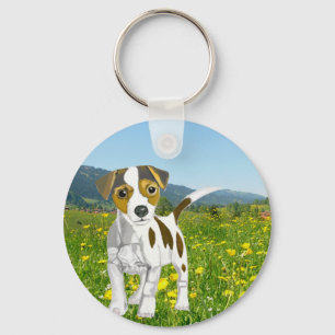 Jack Russell puppy in a Flower Meadow  Key Ring
