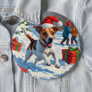 Jack Russell Running in Snow with Christmas Hat 6 Cm Round Badge
