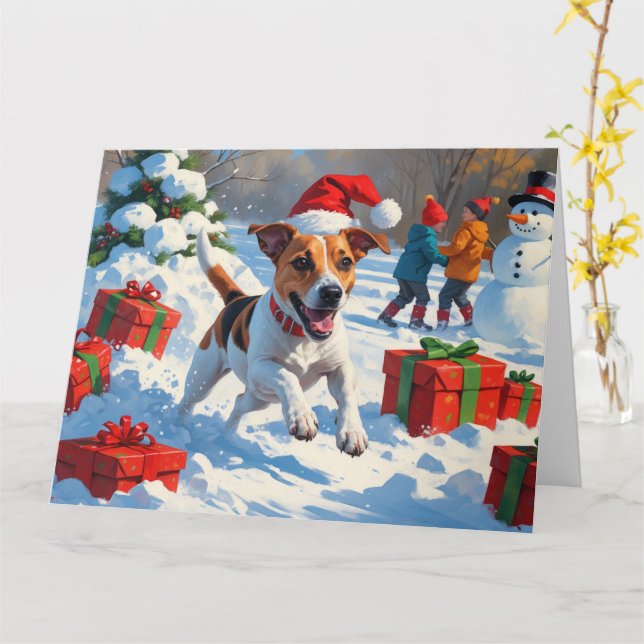 Jack Russell Running in Snow with Christmas Hat Card (Yellow Flower)