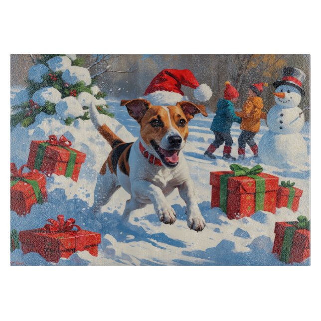 Jack Russell Running in Snow with Christmas Hat Cutting Board (Front)