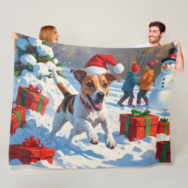 Jack Russell Running in Snow with Christmas Hat Fleece Blanket (In Situ)