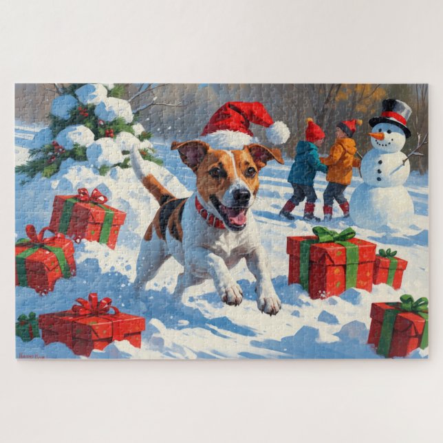 Jack Russell Running in Snow with Christmas Hat Jigsaw Puzzle (Horizontal)