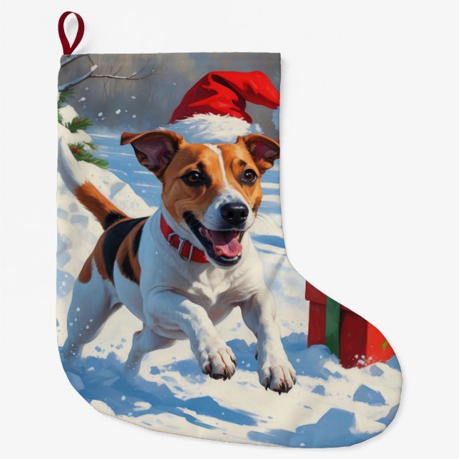 Jack Russell Running in Snow with Christmas Hat Large Christmas Stocking (Front)