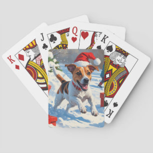 Jack Russell Running in Snow with Christmas Hat Playing Cards