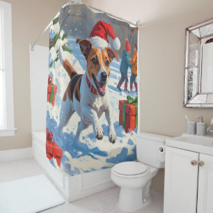 Jack Russell Running in Snow with Christmas Hat Shower Curtain