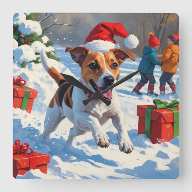 Jack Russell Running in Snow with Christmas Hat Square Wall Clock (Front)