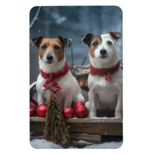 Jack Russell Snowy Sleigh Christmas Decor Magnet