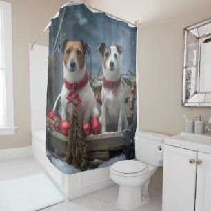 Jack Russell Snowy Sleigh Christmas Decor  Shower Curtain