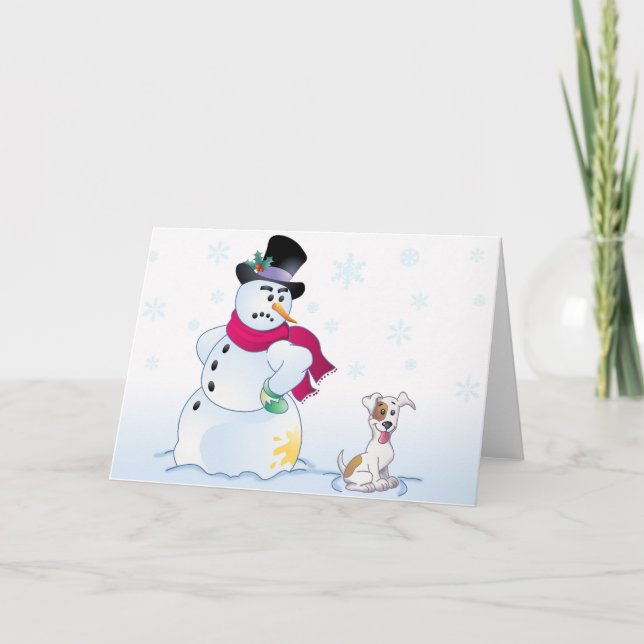 Jack Russell Terrier and Snowman Holiday Card (Front)