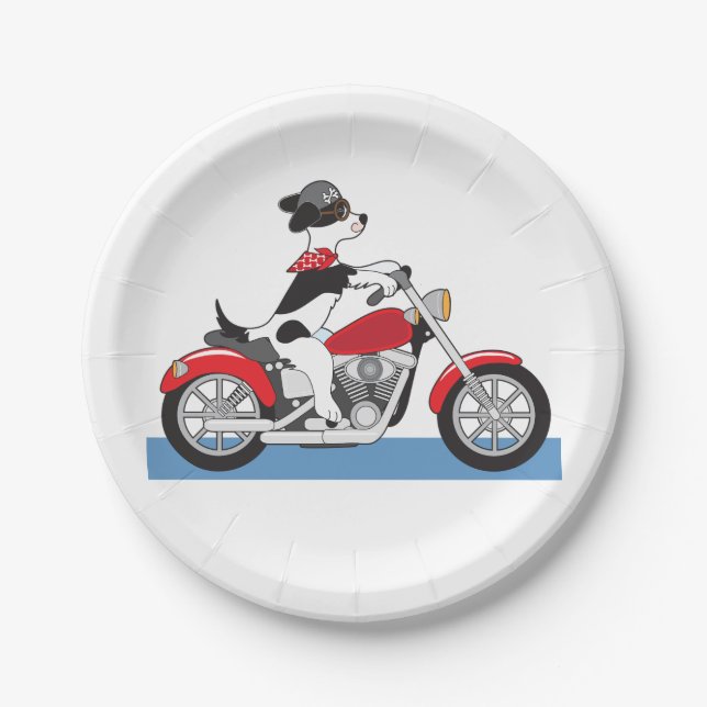 Jack Russell Terrier Biker Dog on Red Motorbike Paper Plate (Front)