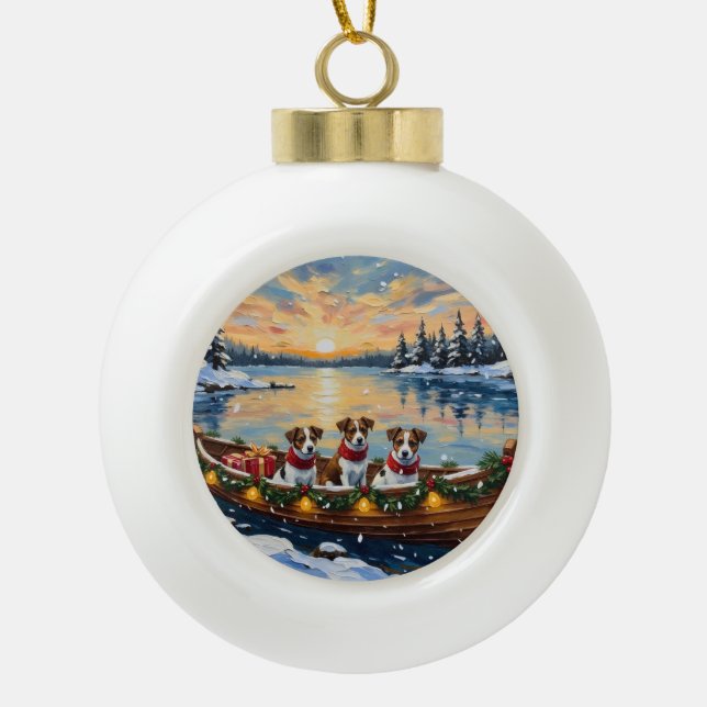 Jack Russell Terrier Christmas Boat Holiday Ceramic Ball Christmas Ornament (Front)