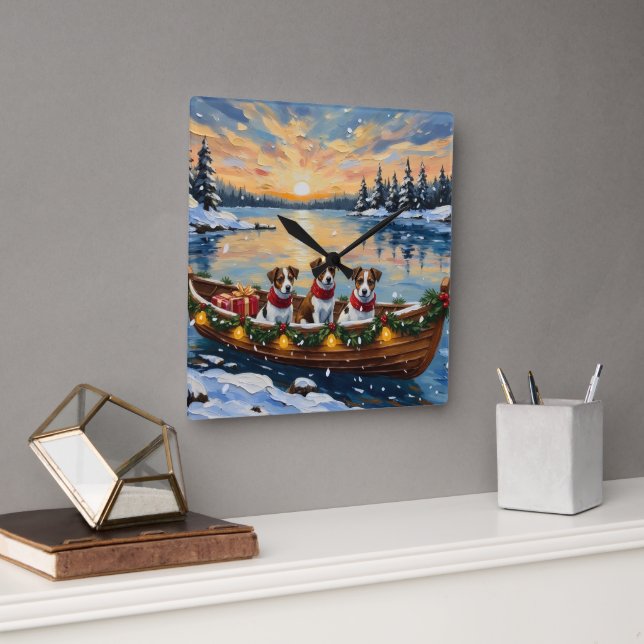 Jack Russell Terrier Christmas Boat Holiday Square Wall Clock (Office)