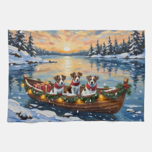 Jack Russell Terrier Christmas Boat Holiday Tea Towel