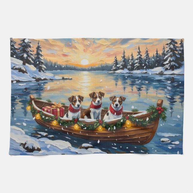 Jack Russell Terrier Christmas Boat Holiday Tea Towel (Horizontal)