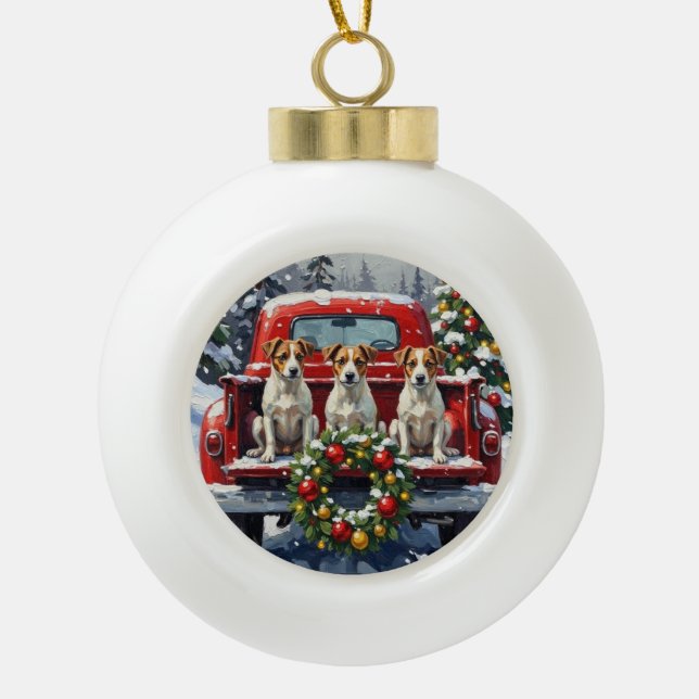 Jack Russell Terrier Christmas Red Truck Holiday Ceramic Ball Christmas Ornament (Front)