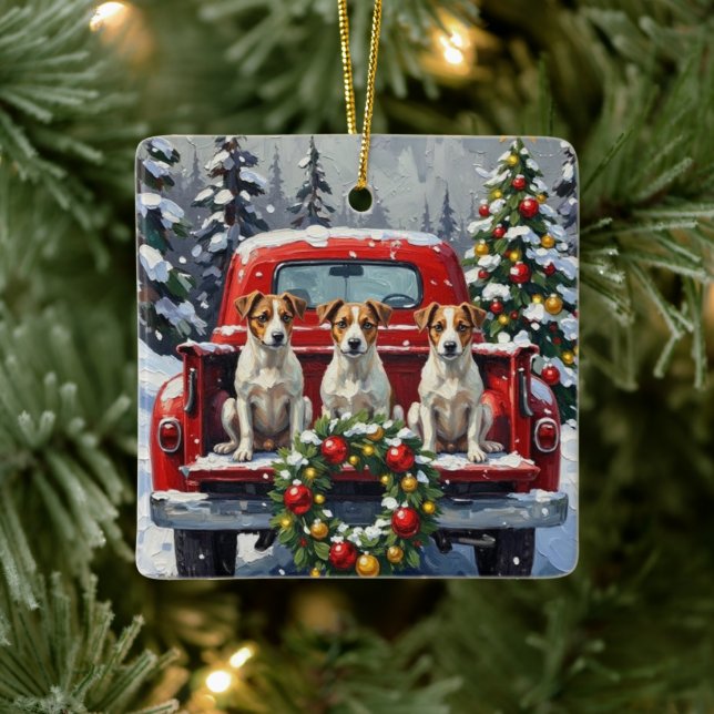 Jack Russell Terrier Christmas Red Truck Holiday Ceramic Ornament (Tree)