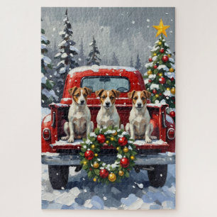 Jack Russell Terrier Christmas Red Truck Holiday Jigsaw Puzzle
