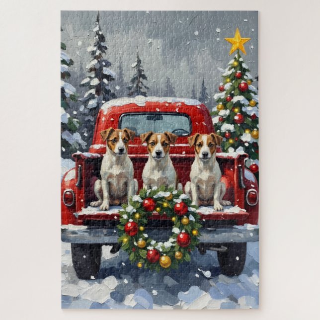 Jack Russell Terrier Christmas Red Truck Holiday Jigsaw Puzzle (Vertical)