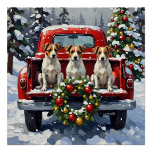 Jack Russell Terrier Christmas Red Truck Holiday Poster