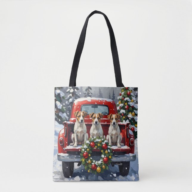 Jack Russell Terrier Christmas Red Truck Holiday Tote Bag (Front)