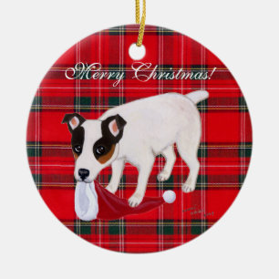 Jack Russell Terrier Christmas Tartan Ceramic Tree Decoration