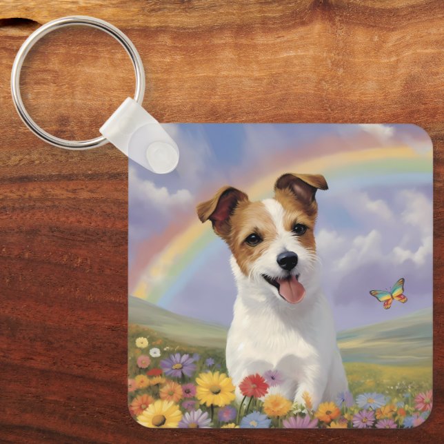 Jack Russell Terrier Custom Name Rainbow Butterfly Key Ring (Front)