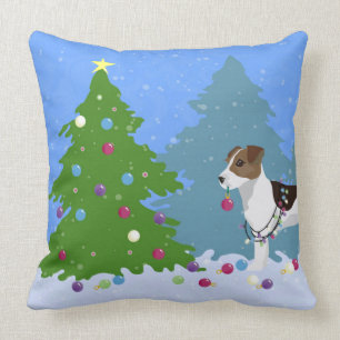 Jack Russell Terrier Decorating Christmas Tree Cushion
