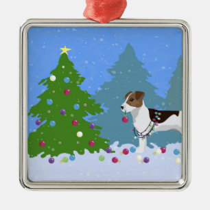 Jack Russell Terrier Decorating Christmas Tree Metal Ornament