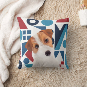 Jack Russell Terrier Dog Blue and Red Geometric Cushion
