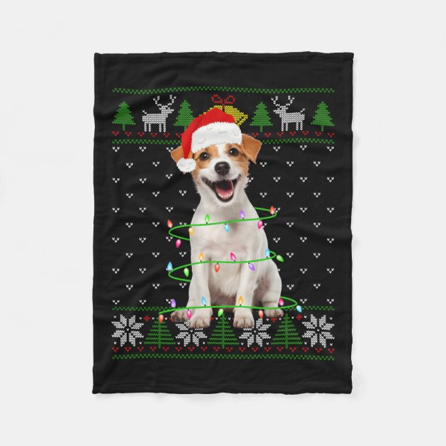 Jack Russell Terrier Dog Christmas Tree Lights Pup Fleece Blanket (Front)