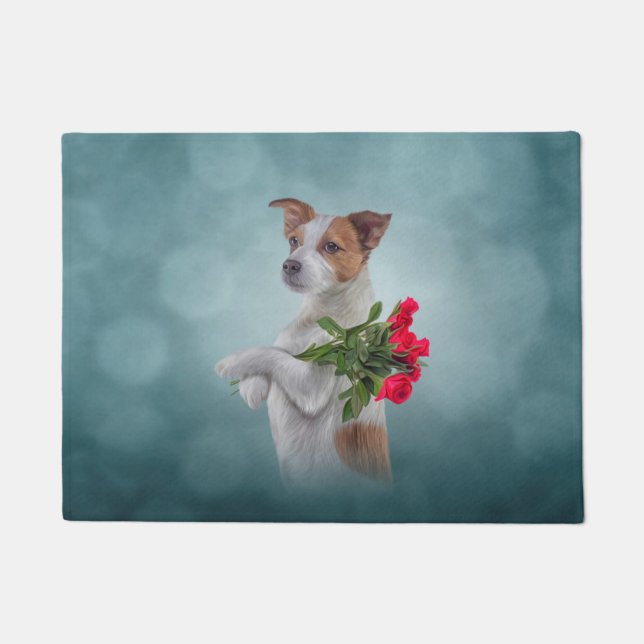 Jack Russell Terrier dog holds a bouquet of flower Doormat (Front)